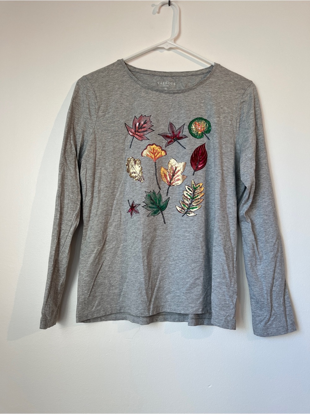 Talbots Petites Women Gray Long-Sleeve Tee - Casual Everyday Top light Cotton